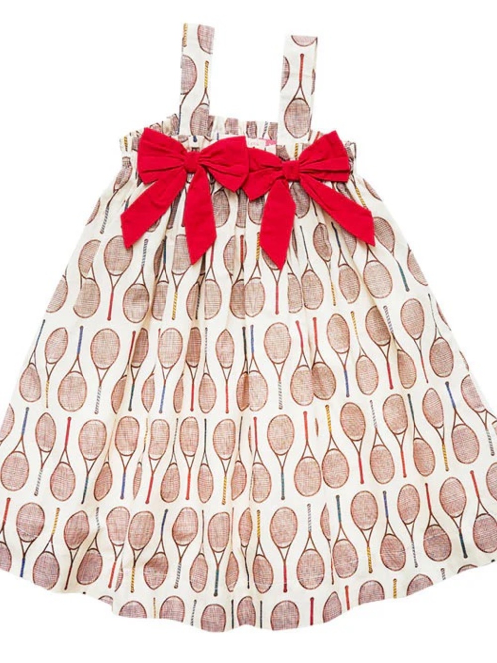 Pink Chicken White Dress with Red Bows and Multicolor Tennis Racket Print